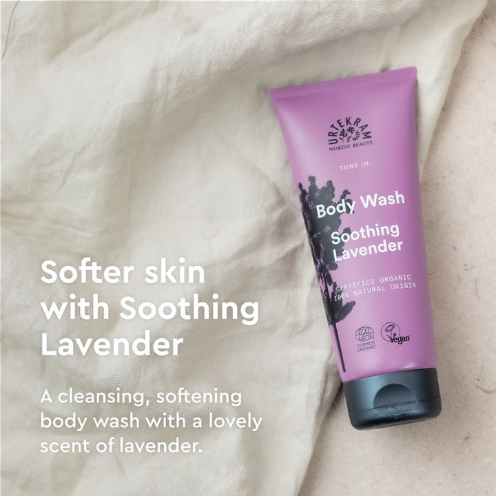 Urtekram Body Wash Soothing Lavender 200 ml vegansk kropsvask i lilla tube på hørstof der skaber blød hud
