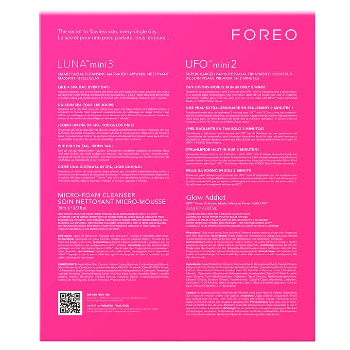 FOREO LUNA Mini 3 & UFO Mini 2 Set hudplejesæt i pink æske med produktinfo og QR-kode på bagsiden