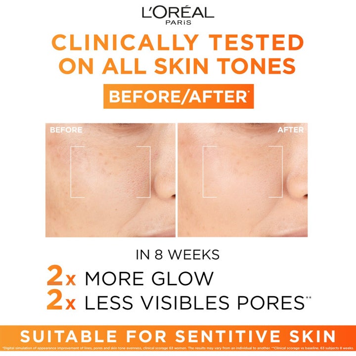L'Oréal Paris Revitalift Clinical hudpleje viser før og efter resultater med 2x mere glød og færre porer på 8 uger