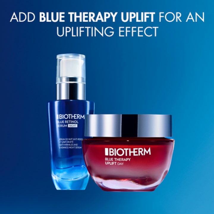 Biotherm Blue Retinol Serum Night 30 ml serum i blå flaske vist med rød Blue Therapy Uplift krukke