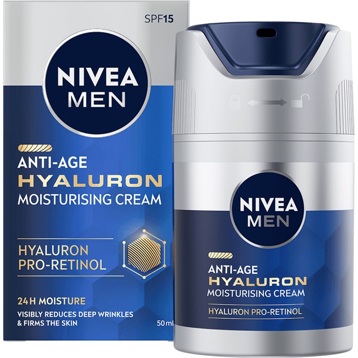 Nivea Men Anti-Age Hyaluron Moisturising Cream 50 ml opstrammende ansigtscreme med SPF15 i sølvfarvet pumpeflaske