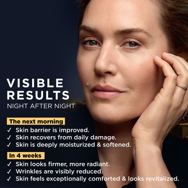L'Oréal Paris Midnight Cream 50 ml natcreme giver fastere hud vist på kvinde med tekst om synlige resultater