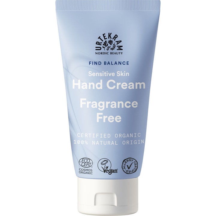 Urtekram Find Balance Fragrance Free Hand Cream giver fugt til sensitiv hud i lyseblå tube med hvidt låg