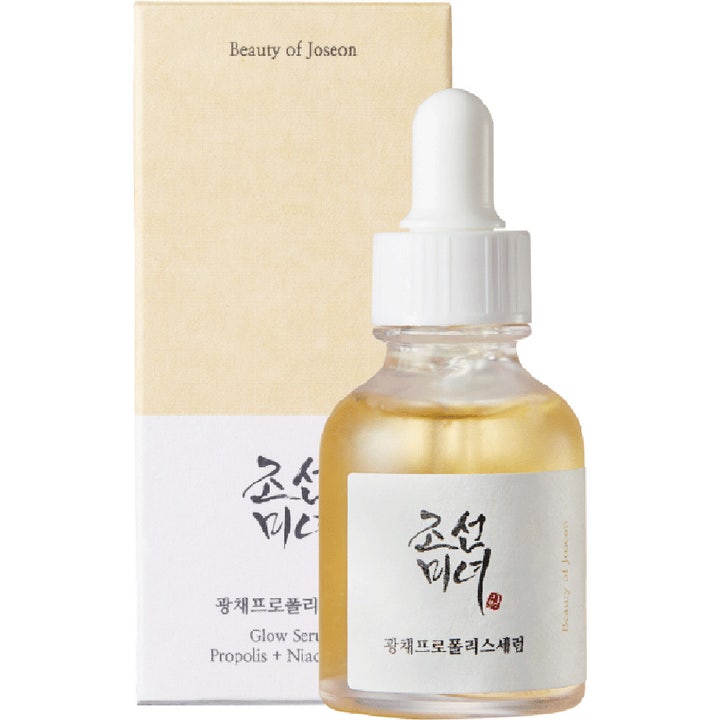 Beauty of Joseon Glow Serum 30ml giver glød med propolis og niacinamid i glasflaske med hvid pipette og æske