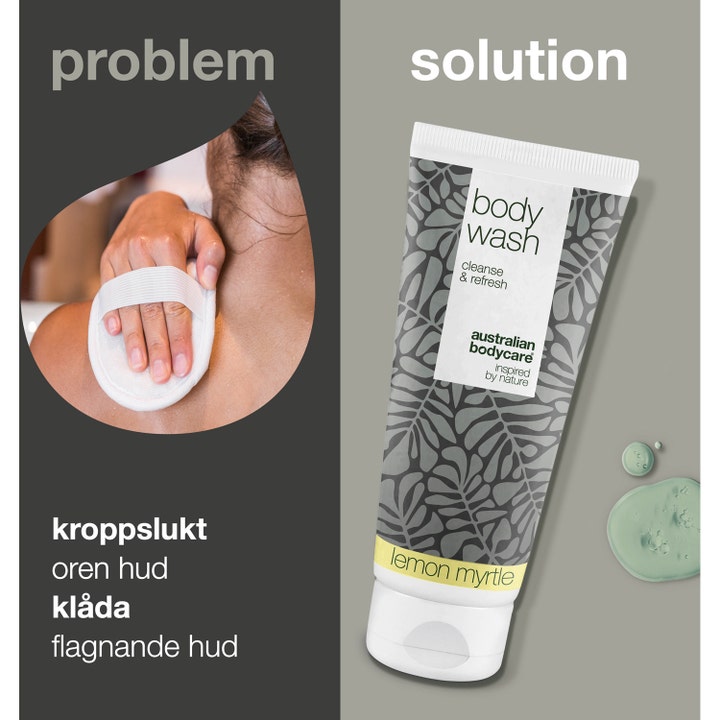 Australian Bodycare Body Wash Lemon Myrtle 200 ml mod uren hud og kropslugt med tube og grøn gel konsistens.
