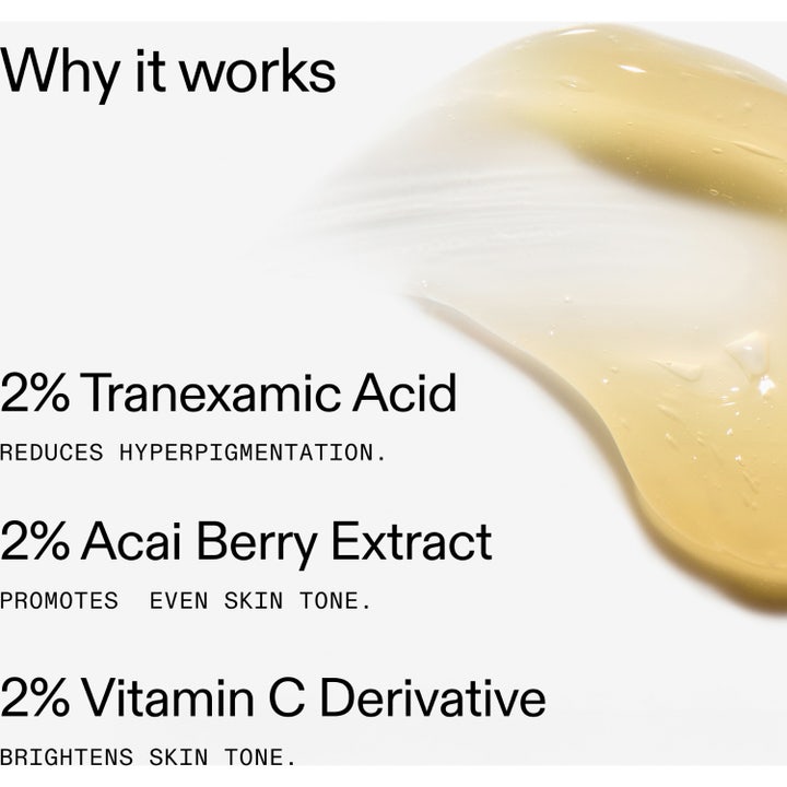 The INKEY List Tranexamic Acid Serum 30 ml mod hyperpigmentering viser en gul geltekstur og tekst om ingredienser