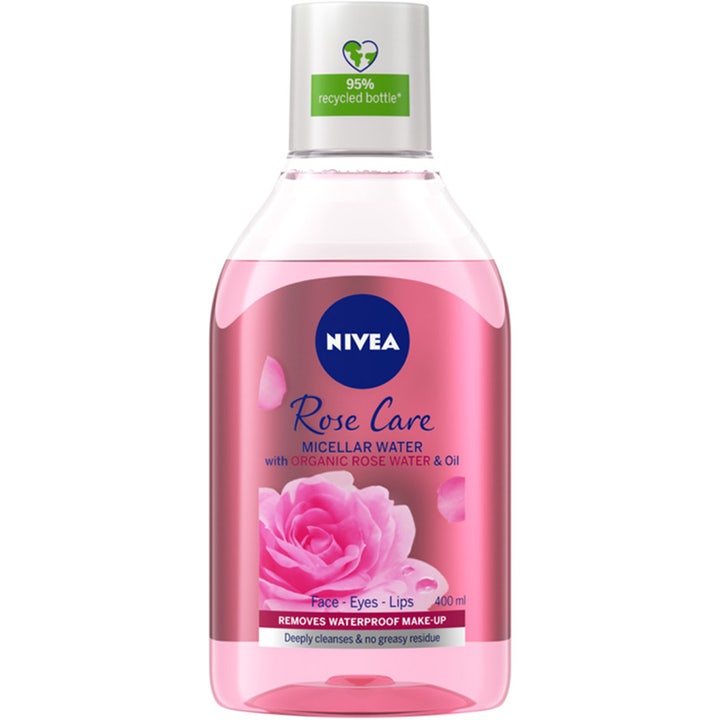 Nivea Rose Care Micellar Water 400 ml rensende ansigtsvand i gennemsigtig flaske med lyserød væske