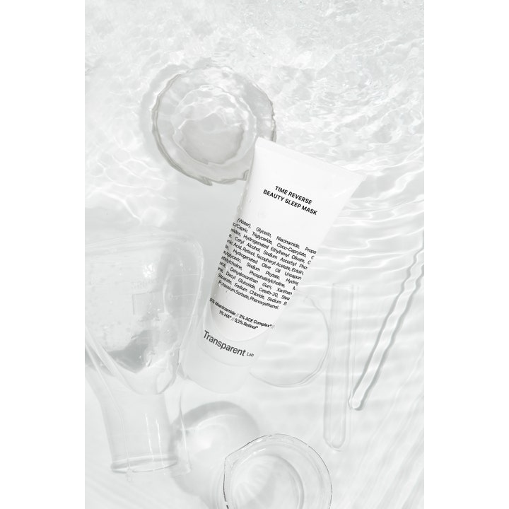Niche Beauty Lab Transparent Lab Time Reverse Beauty Sleep Mask 75 ml nattmaske i vand med laboratorieudstyr