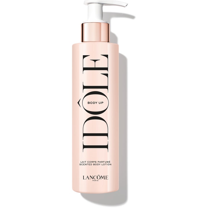 Lancôme Idôle Body Up 200 ml velduftende bodylotion i lyserød flaske med hvid pumpe og rosaguld detaljer