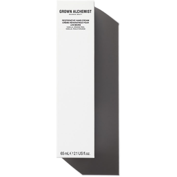 Grown Alchemist Restorative Hand Cream 65 ml genopbyggende håndcreme i hvid papæske med sort tekst.