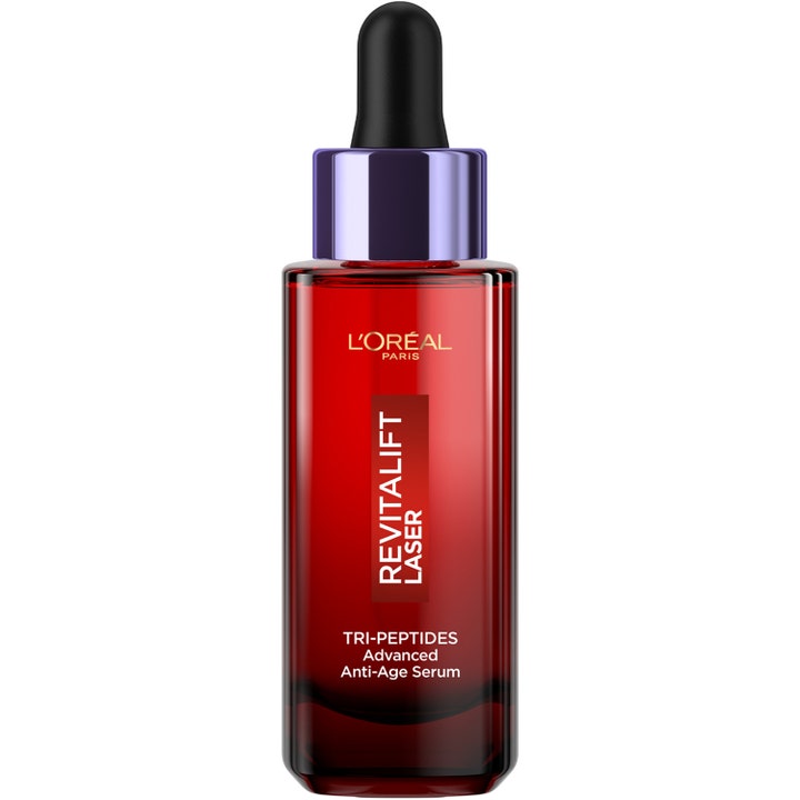 L'Oréal Paris Revitalift Laser 30 ml anti-age serum i rød glasflaske med lilla låg og pipette