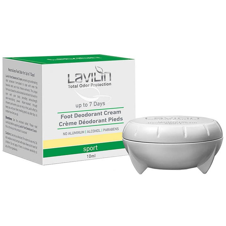 Lavilin Foot Deodorant Cream Sport 10 ml mod dårlig lugt i hvid krukke med grøn og hvid emballage