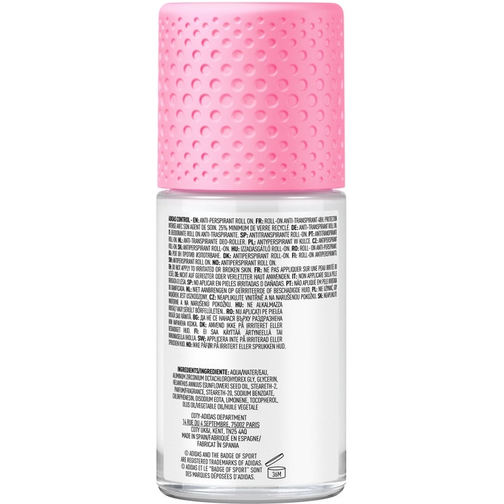 Adidas Cool & Care For Her Roll-on Deodorant 50 ml giver 48 timers beskyttelse i glasflaske med lyserødt mønstret låg