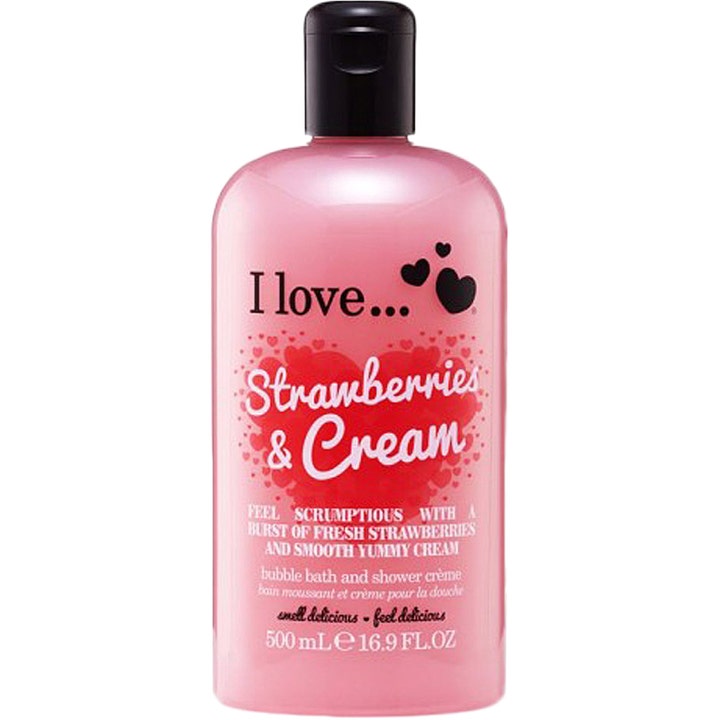 I Love... Strawberries & Cream 500 ml badesæbe i lyserød flaske med sort låg giver en sød og frisk duft.