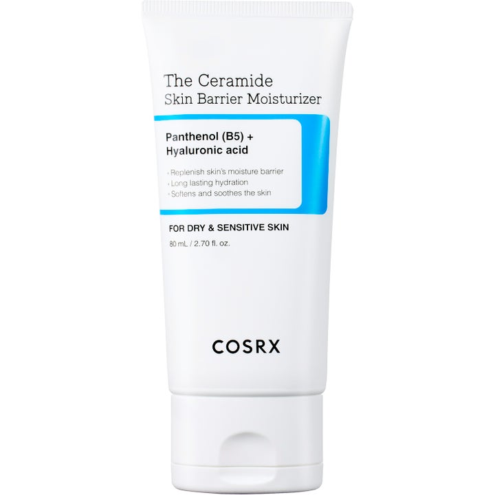 COSRX The Ceramide Skin Barrier Moisturizer 80 ml fugtgivende ansigtscreme i hvid tube med lyseblå detaljer og vippelåg.