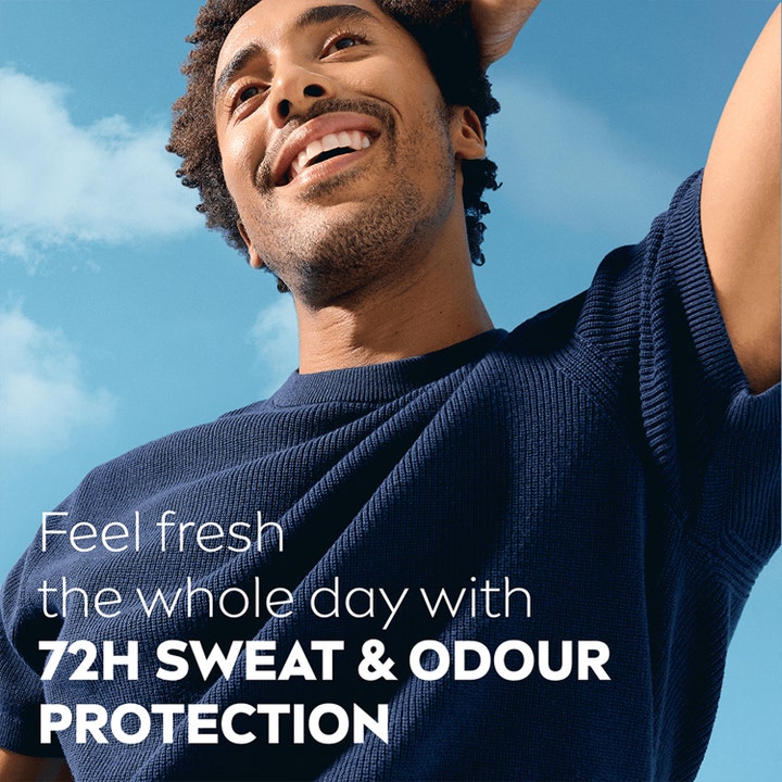 NIVEA MEN Fresh Active Roll-On Deodorant 50 ml giver 72H beskyttelse vist med en glad mand under en blå himmel.