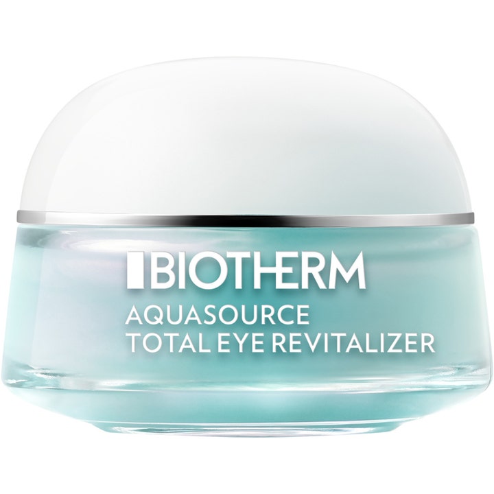 Biotherm Aquasource Total Eye Revitalizer 15 ml opfriskende øjencreme i lyseblå glaskrukke med hvidt låg.