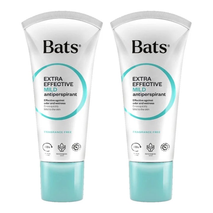 Bats Extra Effective Mild antiperspirant 2-pak mod svedlugt i hvide tuber med turkise låg og detaljer
