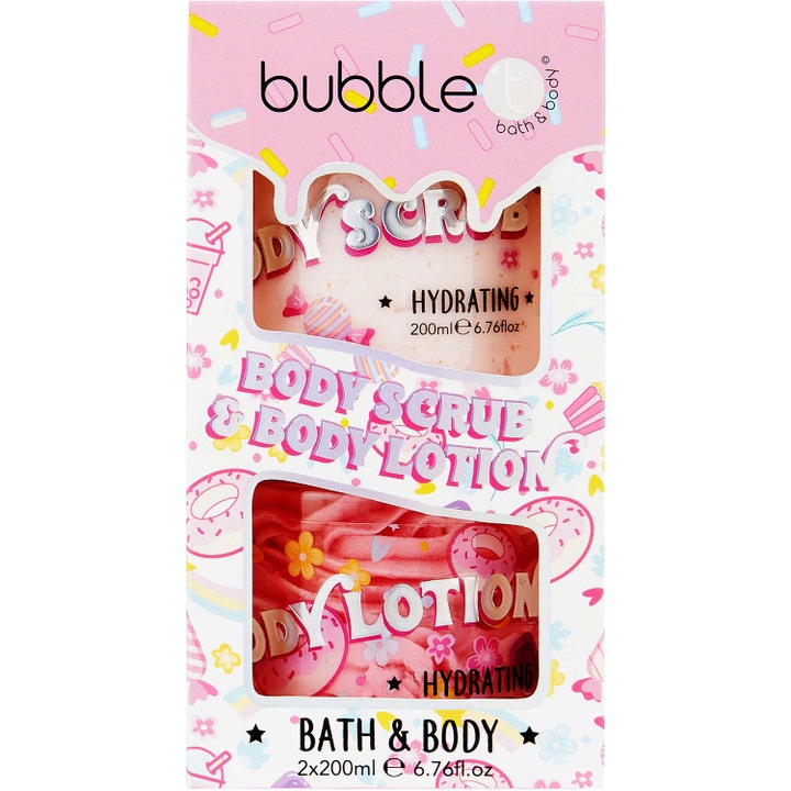 Bubble T Body Scrub & Body Lotion 2x200ml fugtgivende kropspleje i farverig gaveæske med motiver af krymmel og donuts.