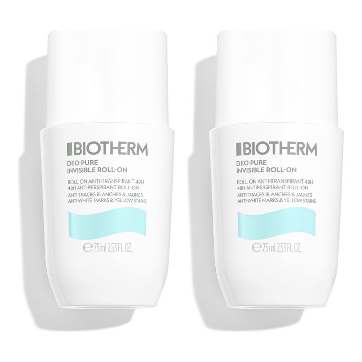 Biotherm Deo Pure Invisible Roll-On 2x75 ml antiperspirant mod hvide mærker i hvide plastflasker med lyseblå bølge