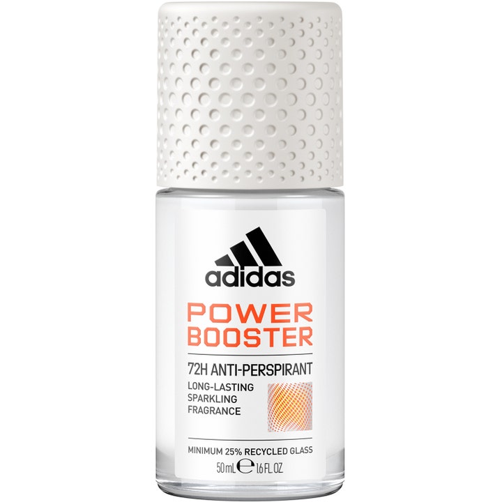 Adidas Power Booster 50 ml anti-perspirant roll-on i glasflaske med hvidt perforeret låg giver friskhed.