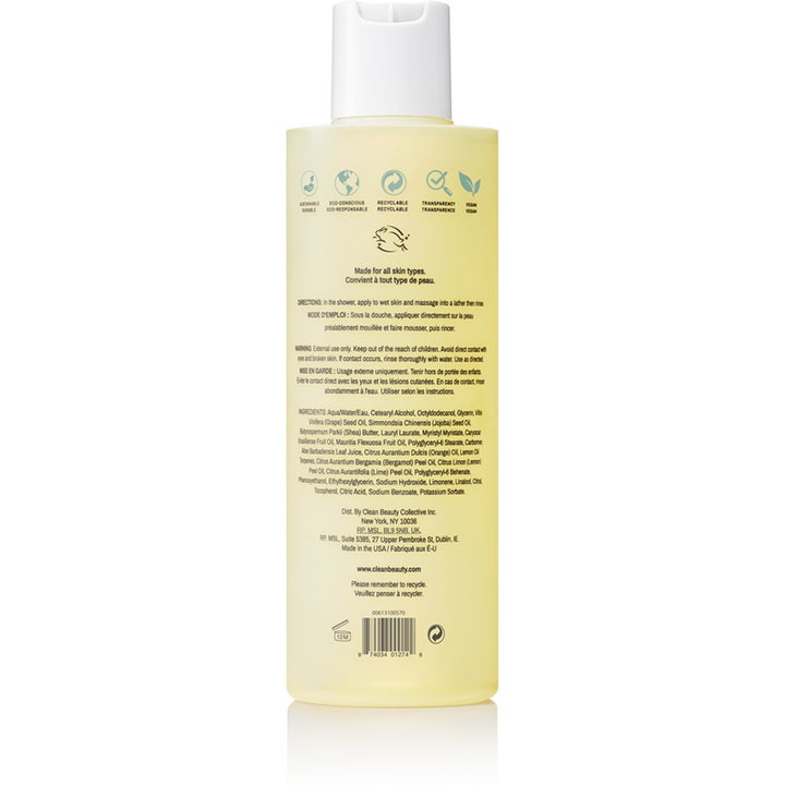 Clean Reserve Buriti & Aloe Shower Gel 296 ml showergel viser bagsiden af flasken med ingredienser og veganske ikoner.