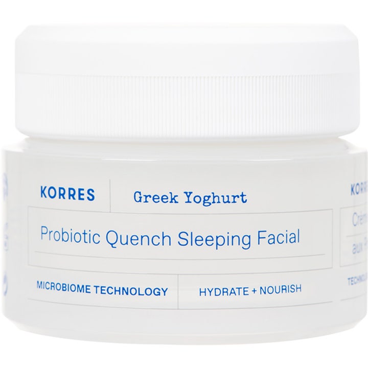 Korres Greek Yoghurt Probiotic Quench Sleeping Facial nærende natmaske i hvid krukke med blå tekst