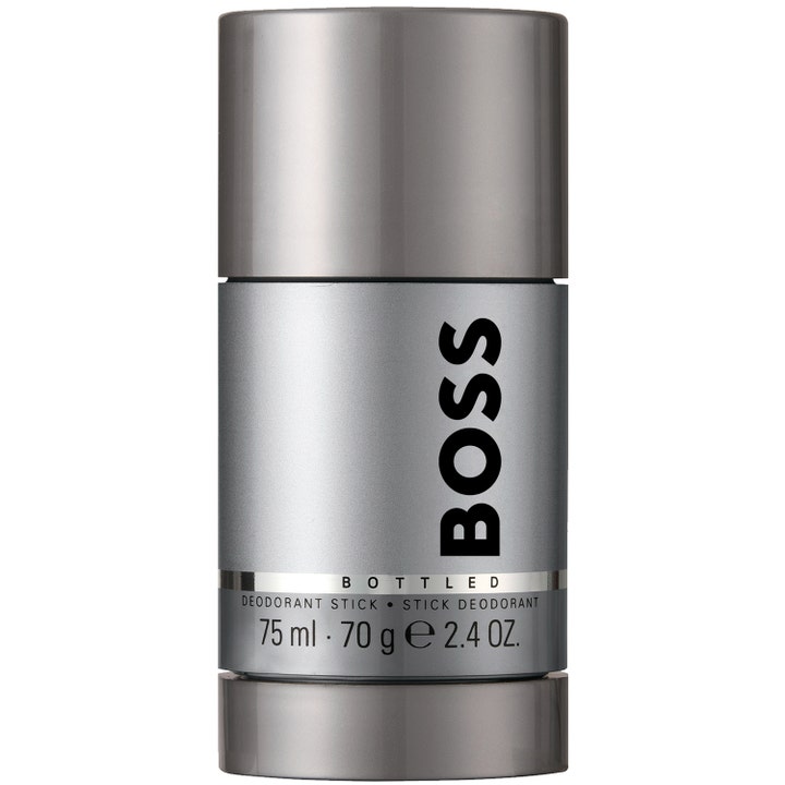 Hugo Boss Boss Bottled 75 ml deostick giver friskhed i en sølvfarvet cylinderformet beholder med mørkegråt låg.