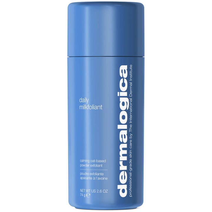 Dermalogica Daily Milkfoliant 74 g beroligende havrebaseret exfoliant i en blå cylinderformet flaske med hvid tekst