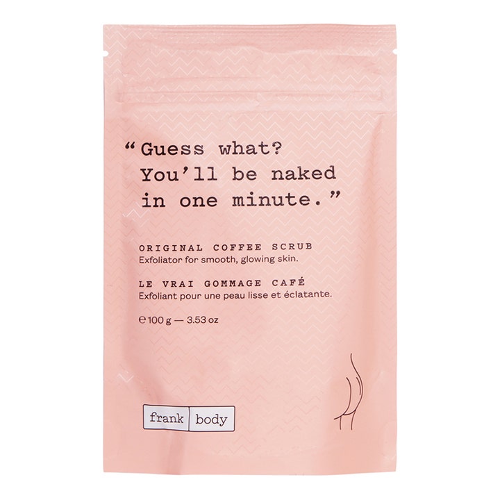 Frank Body Original Coffee Scrub 100 g eksfolierende kropsscrub for glat hud i lyserød pose med zigzagmønster