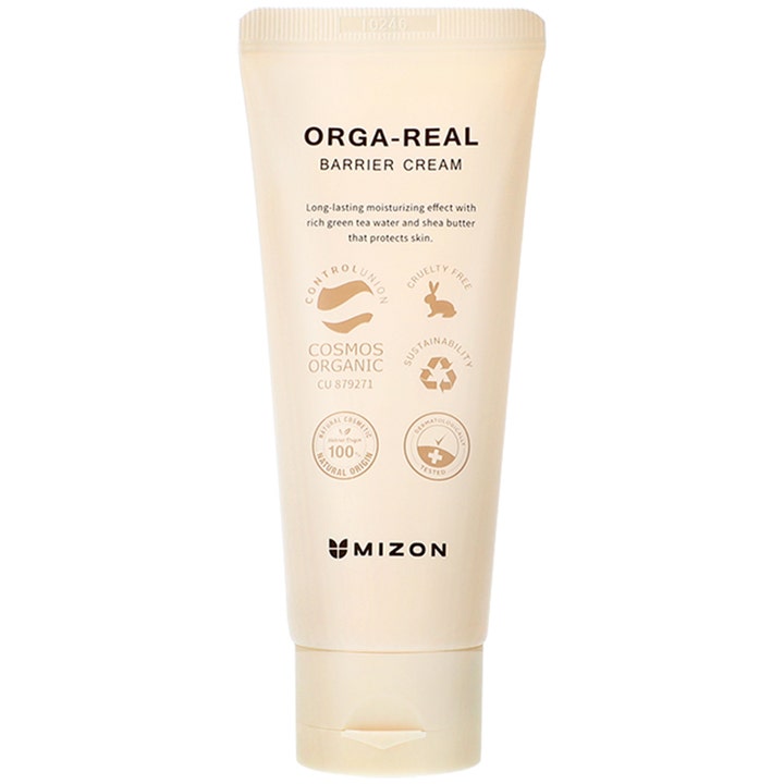 Mizon Orga-Real Barrier Cream fugtgivende ansigtscreme i beige tube der giver huden beskyttelse og fugt