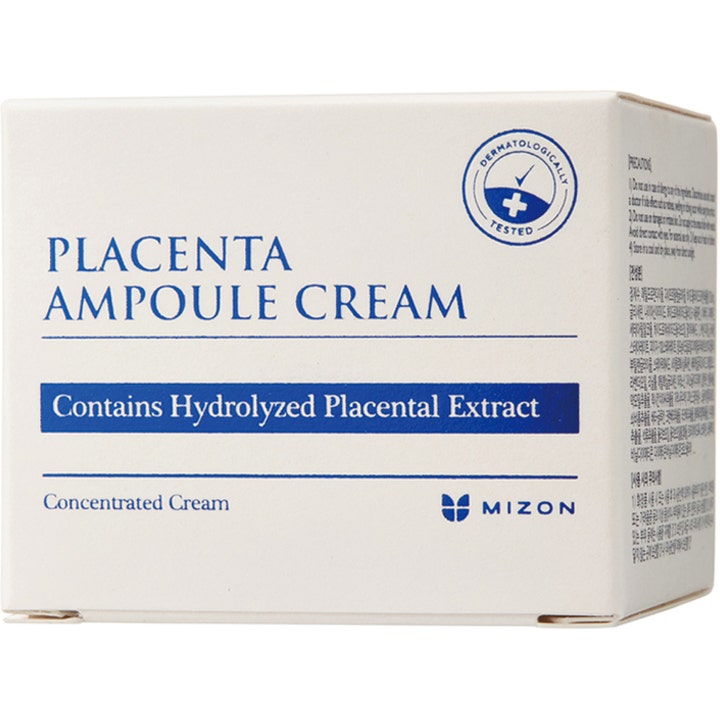 Mizon Placenta Ampoule Cream 50 ml fugtgivende ansigtscreme i hvid papæske med blå tekst og placentalekstrakt.