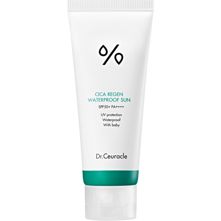 Dr.Ceuracle Cica Regen Waterproof Sun SPF50+ vandfast solcreme i hvid tube med grønt bånd og hvidt låg