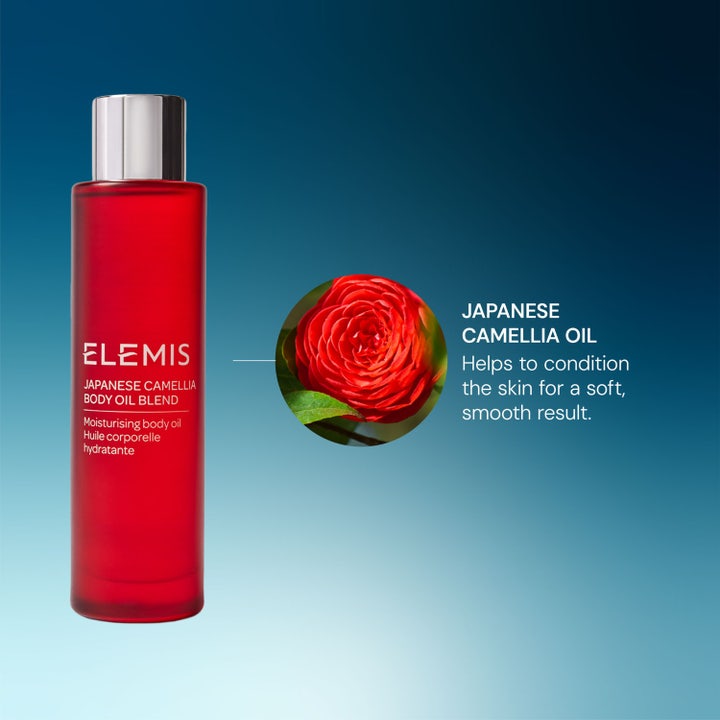 Elemis Japanese Camellia Oil Blend 100 ml plejende kropsolie i rød flaske med sølvlåg og rød kameliablomst