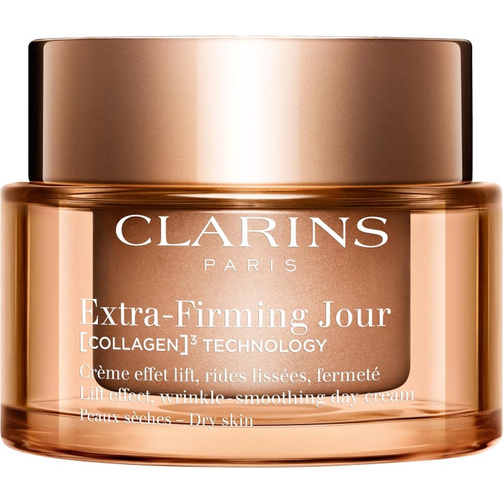 Clarins Extra-Firming Jour 50 ml opstrammende dagcreme i luksuriøs bronzefarvet glaskrukke med metallåg