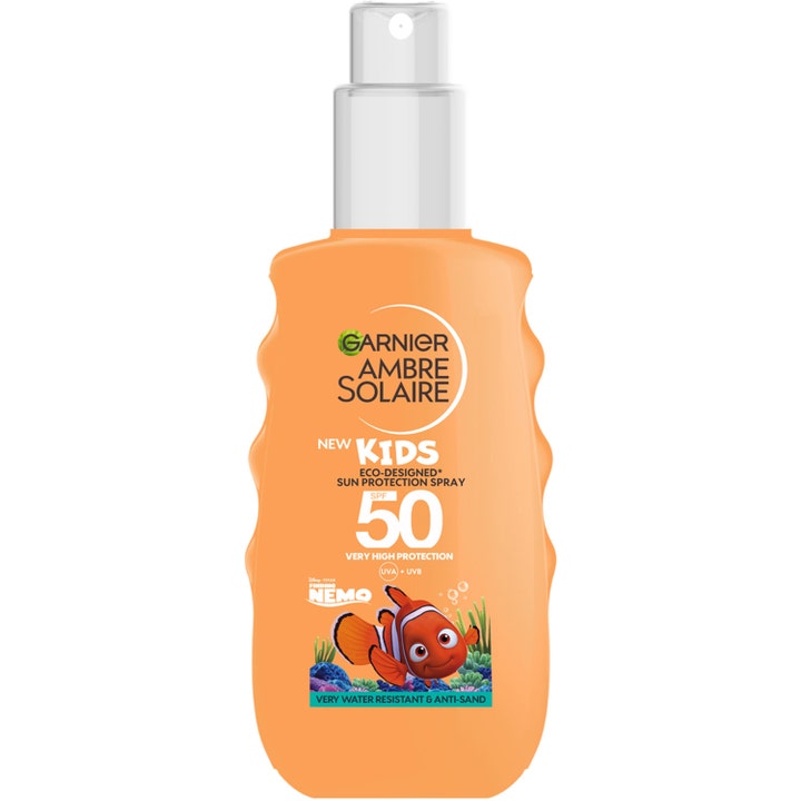 Garnier Ambre Solaire Kids SPF 50 150 ml solspray til børn i orange plastflaske med Nemo-motiv