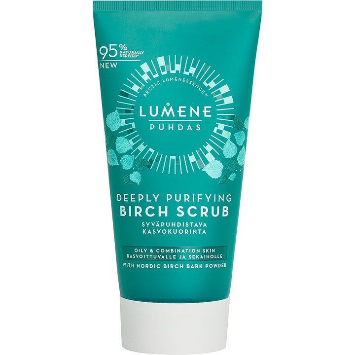 Lumene Puhdas Deeply Purifying Birch Scrub dybderensende ansigtsskrub i turkis tube med hvidt låg og bladmønster