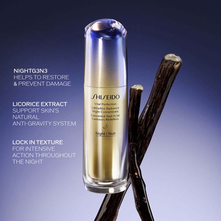 Shiseido Vital Perfection Overnight Firming Treatment 80 ml opstrammende natserum i guldflaske med lakridsrod