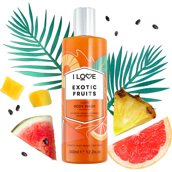 I LOVE Exotic Fruits 360 ml forfriskende body wash i orange flaske med sølvlåg omgivet af vandmelon og ananas