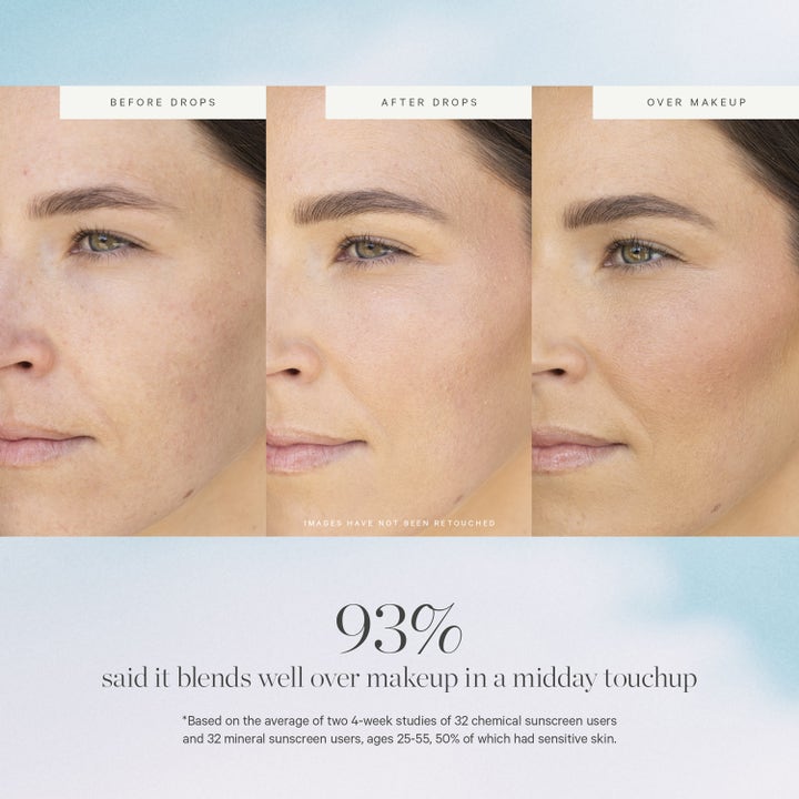 KORA Organics Silky Sun Drops 30 ml mineral sunscreen serum viser før og efter effekt samt blending over makeup.