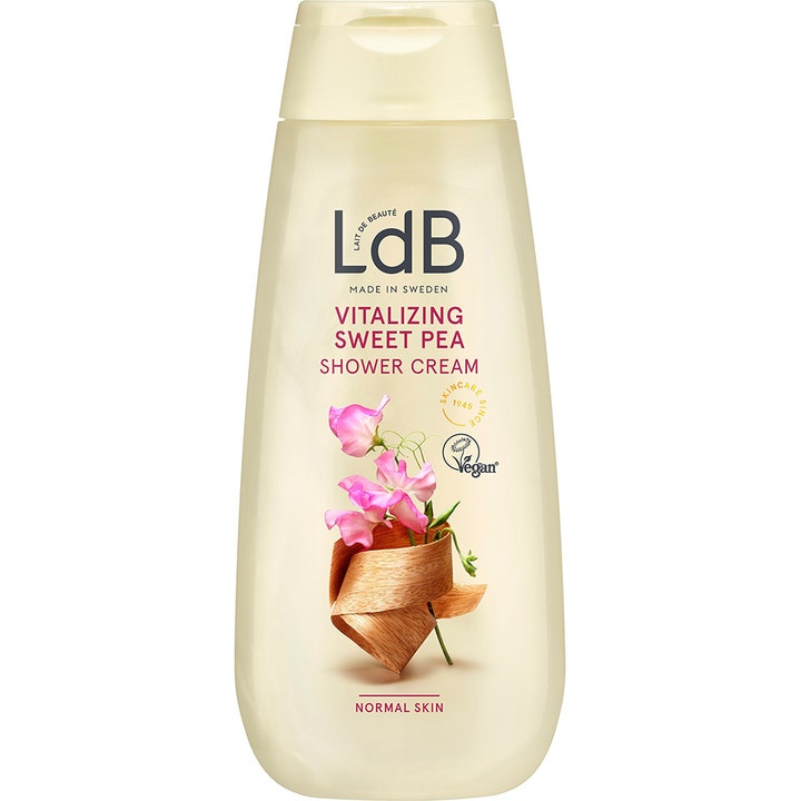 LdB Vitalizing Sweet Pea Shower Cream 250ml opfriskende showercreme i beige flaske dekoreret med lyserøde blomster.
