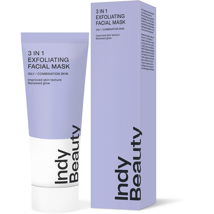 Indy Beauty 3 in 1 exfoliating facial mask 75 ml eksfolierende ansigtsmaske i lilla tube der giver fornyet glød.