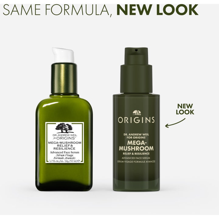 Origins Mega-Mushroom Serum 50 ml beroligende ansigtspleje i grønne flasker der viser gammelt og nyt design.
