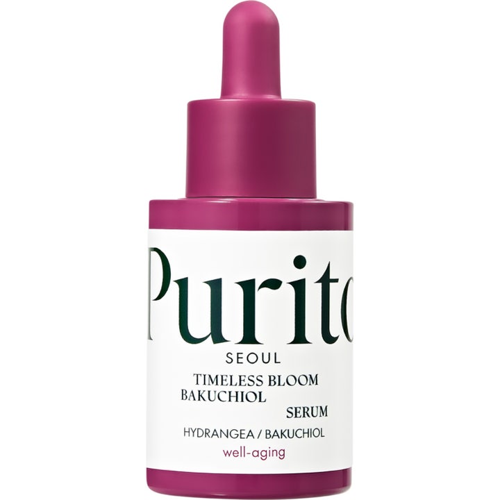Purito Seoul Timeless Bloom Bakuchiol Serum 30ml mod alderstegn i lilla flaske med hvid etiket og matchende lilla låg