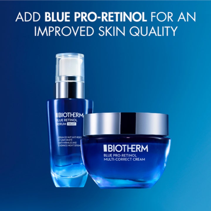 Biotherm Blue Retinol Serum Night 30 ml og ansigtscreme i blå glasbeholdere forbedrer hudkvaliteten.