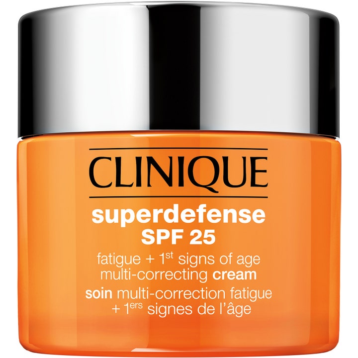 Clinique Superdefense SPF 25 Multi-Correcting Cream ansigtscreme mod træthed i orange krukke med sølvlåg