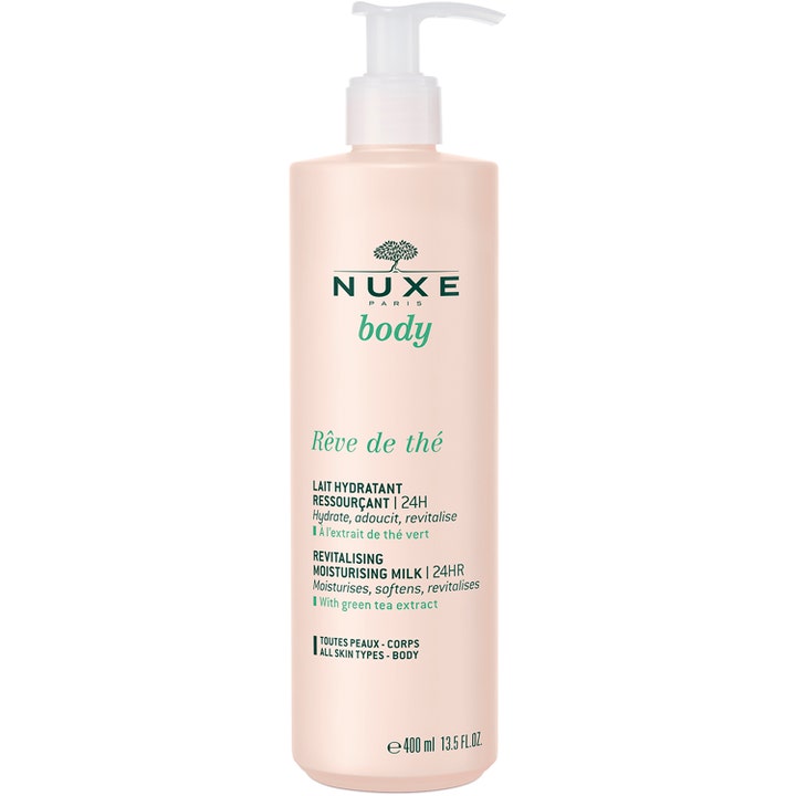 Nuxe Body Rêve de thé 400 ml fugtgivende bodylotion der revitaliserer huden i lys ferskenfarvet flaske med hvid pumpe