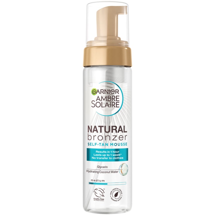 Garnier Ambre Solaire Natural Bronzer Self-Tan Mousse 200ml fugtgivende selvbruner i klar flaske med guldpumpe
