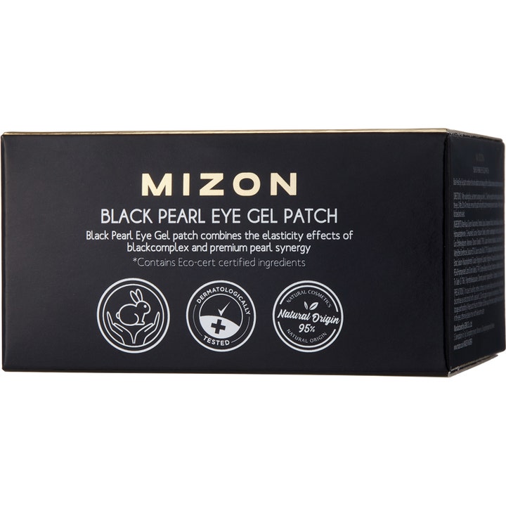 Mizon Black Pearl Eye Gel Patch 84 g i sort æske med guldskrift der giver fugt og elasticitet
