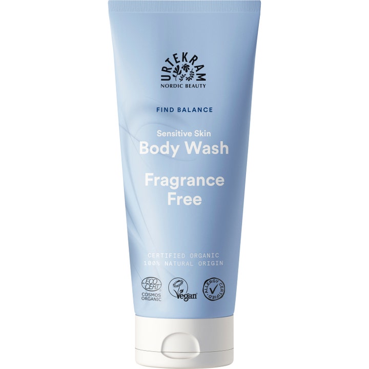 Urtekram Sensitive Skin Body Wash 200 ml parfumefri kropsvask til følsom hud i lyseblå plasttube med hvidt låg